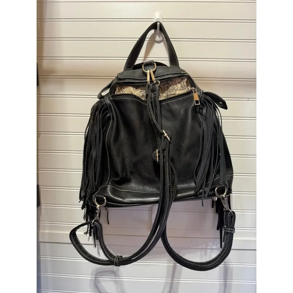 Cowgirl Trendy Moto Jacket Faux Leather Backpack w/Fringe & Silver-tone Studs
